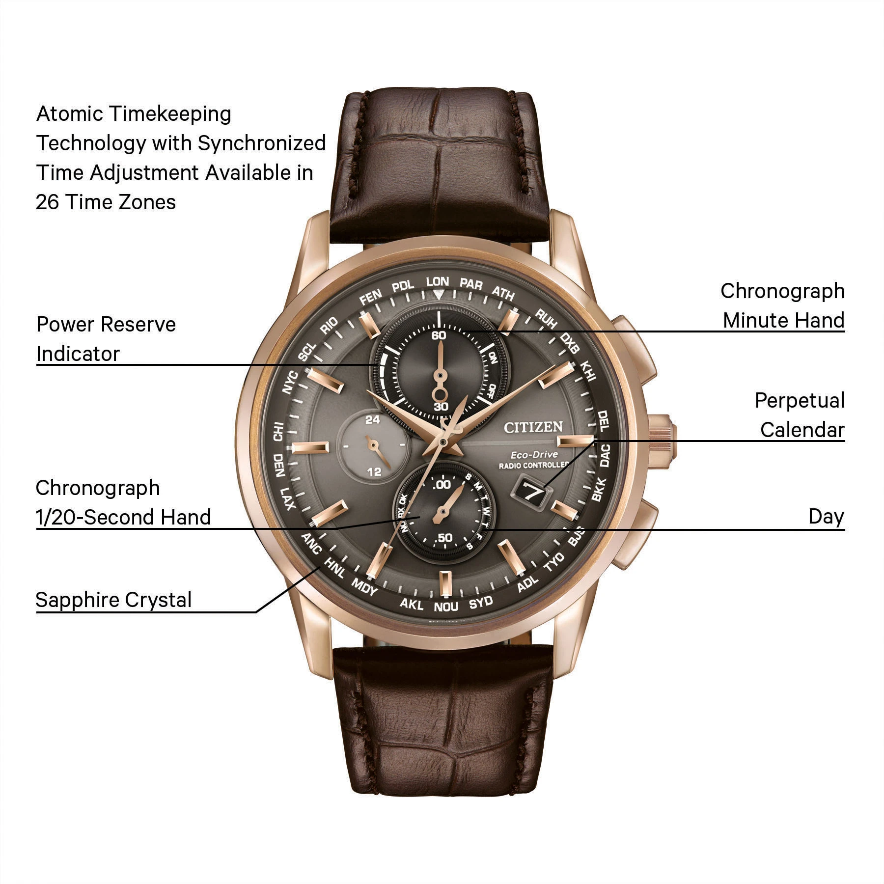World Chronograph A-T -Men's Brown AT8113-04H Leather Watch | CITIZEN